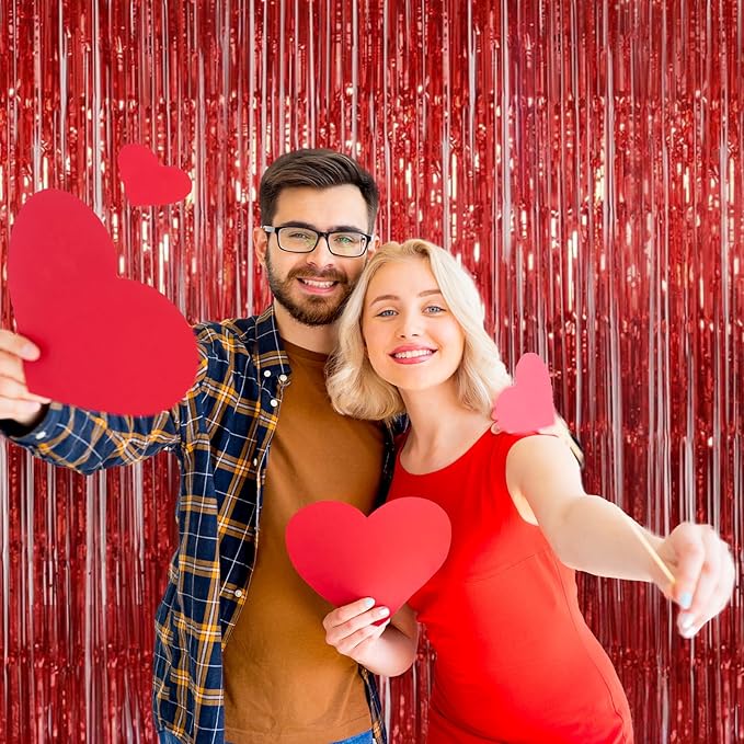 Red Tinsel Fringe Backdrop, Melsan 3.2 x 8 ft Red Metallic Foil Curtains Streamer for Birthday, Anniversary, Photo Booth for Party,2 Packs