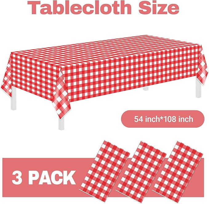 Childom 3 Pack Red and White Checkered Tablecloths 54"x108" Valentines Day Tablecloths for Rectangle,Disposable Plastic Table Cover for Wedding,Home,Birthday,Picnic,Buffet,Pizza Party,Racing Car Decor