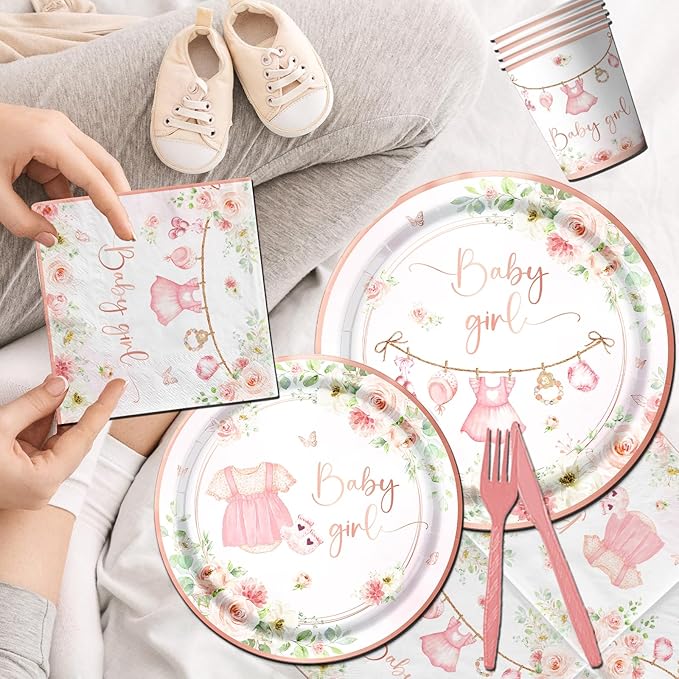 Rose Gold Baby Shower Tableware Set,Pink Girl Baby Shower Plates and Napkins Sets Include Baby Shower Plates Napkins Cups Floral Baby Girl Tablecloth for Girl Baby Shower Gender Reveal Party Supplies