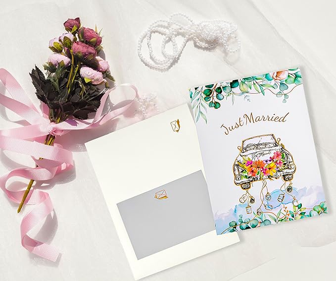Vintage Wedding Car Pop Up Card, 3D Just Married Greeting Card with Bride & Groom, Romantic Anniversary Card, Engagement, Bridal Shower, Newlywed Gift for Couples