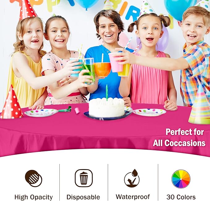 Exquisite Party Solids 6-Pack Premium Plastic Tablecloth 84in. Round Plastic Table Cover - Cerise