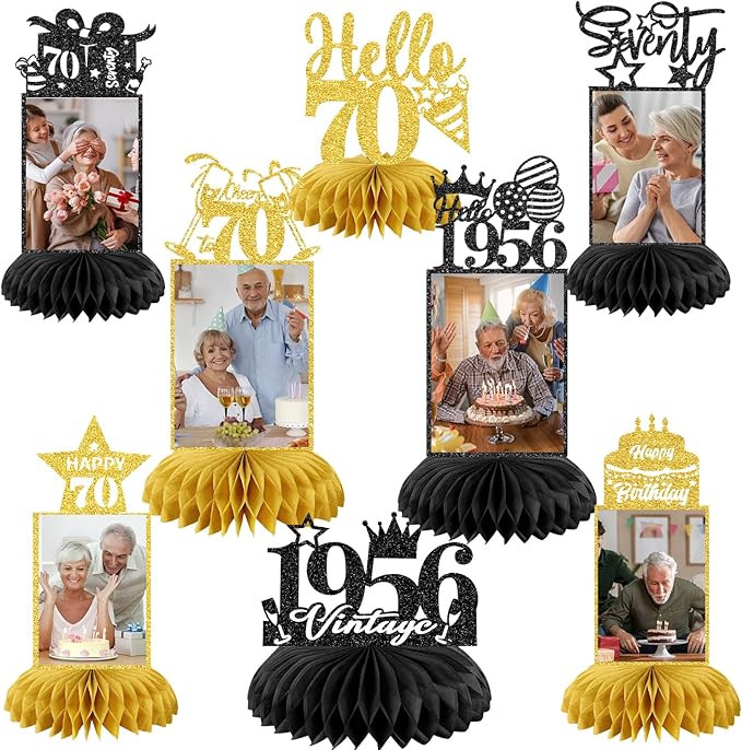 8Pcs 70th Birthday Decoration for Men Women Happy 70th Birthday Honeycomb Centerpieces 70th Birthday Table Decorations Black and Gold Cheers to 70 Years Decor Birthday Party Favors