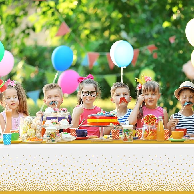 4 Pack White and Gold Tablecloth Party Decorations Plastic White Tablecloth Printed Gold Table Runner 54 x108 Inch Disposable Rectangle Table Cover for Birthday Wedding Graduation Anniversary