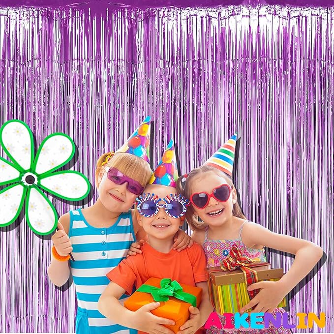 4 Pack 3.3Ft x 6.6Ft Light Purple Foil Fringe Curtain Backdrop, Metallic Tinsel Foil Fringe Streamers Curtains Background for Photo Booth, Birthday, Wedding, Halloween, Christmas Party Decoration