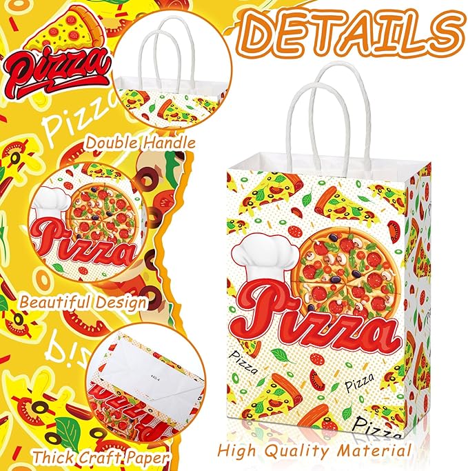 24 Pcs Pizza Party Favors Paper Gift Bags with Handle Decorations Pizza Candy Goodie Treat Bags Large Birthday Party Supplies for Baby Shower, 6 Styles