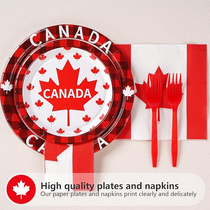 Grencian 96Pcs Canadian Flag Party Supplies Canada Day Party Plates and Napkins Red White Maple Leaves Tableware Sets Canada Birthay Decorations Favors for Anniversary Family Gathering Serves 24