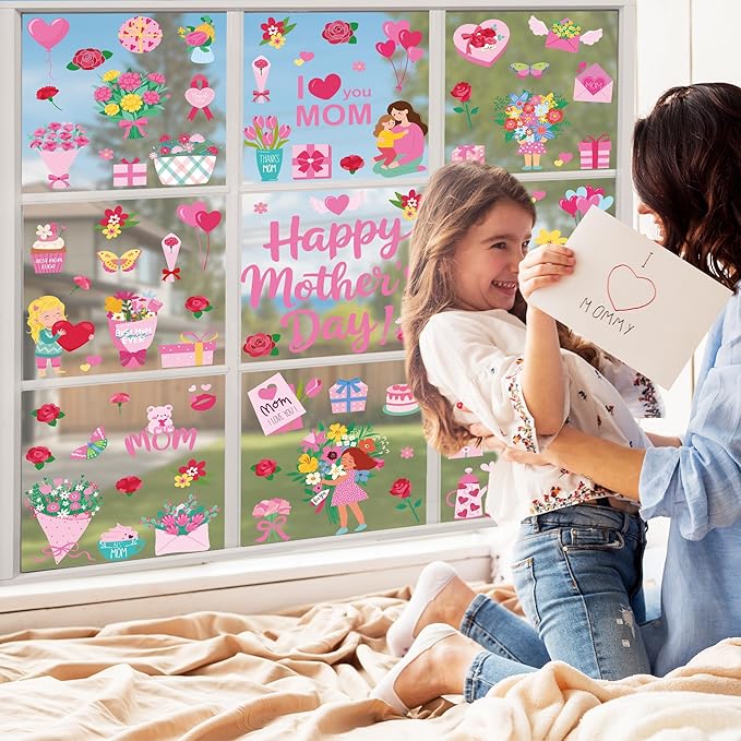 90 PCS Mothers Day Decorations, 9 Sheets Mothers Day Window Clings, Double-Sided Flower Window Clings with Carnations Hearts Boxes Designs, Mom Decorations for Glass Home Office School Party