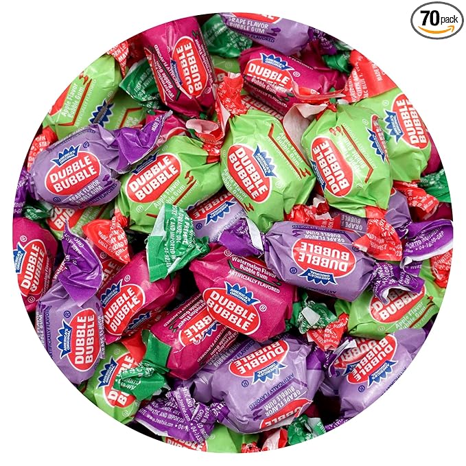 Double Assorted Fruit Flavored Bubble Gum - 1 Pound Bulk Bag (Approx. 70 Pieces) - Individually Wrapped Gum - The Hampton Popcorn & Candy Company (Assorted Fruit Flavored - Multi Colored)