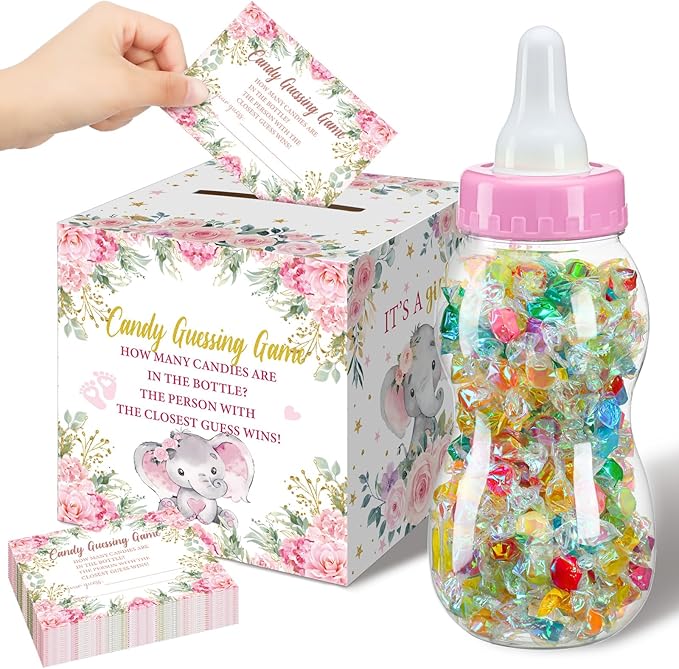 Glenmal 52 Pcs Pink Elephant Theme Baby Shower Games Gift Sets Large Baby Bottle for Shower Game Guess How Many Candies Decorations for Gender Reveal