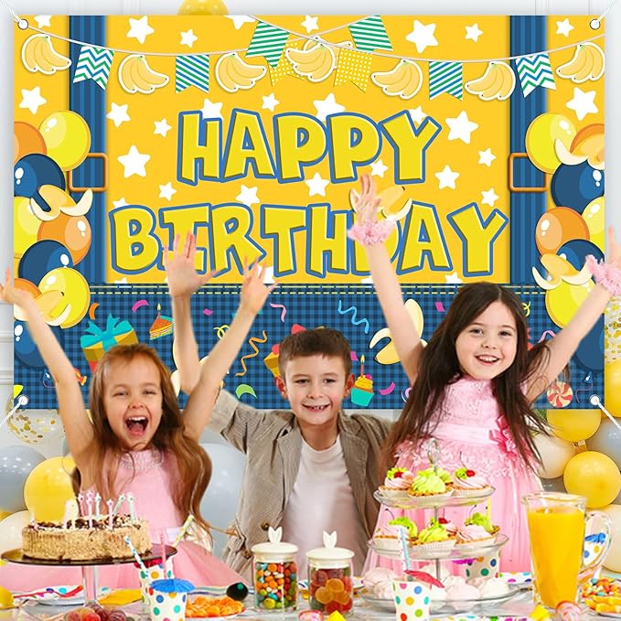 5x3ft Yellow Cowboy Cartoon Theme Backdrop Cartoon Banana Photography Background Kids Boys Girls Birthday Party Decorations Photo Booth Banner Props