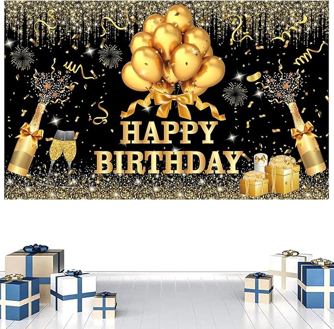 YinQin 180x120 cm Glitter Golden Black Happy Birthday Party Photography Backgrounds Backdrops Cloth 71x47 inch Shiny Black Gold Happy Birthday Sign Banner Bday Party Supplies Decoration for Women Men