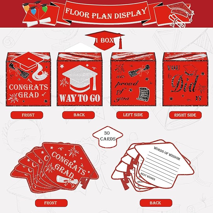 AYGXU graduation card box Holder 2026 with 30pcs graduation cards,Graduation party Decorations,graduation box for gifts and Cards,graduation money box,Graduation Party favors Supplies-red box