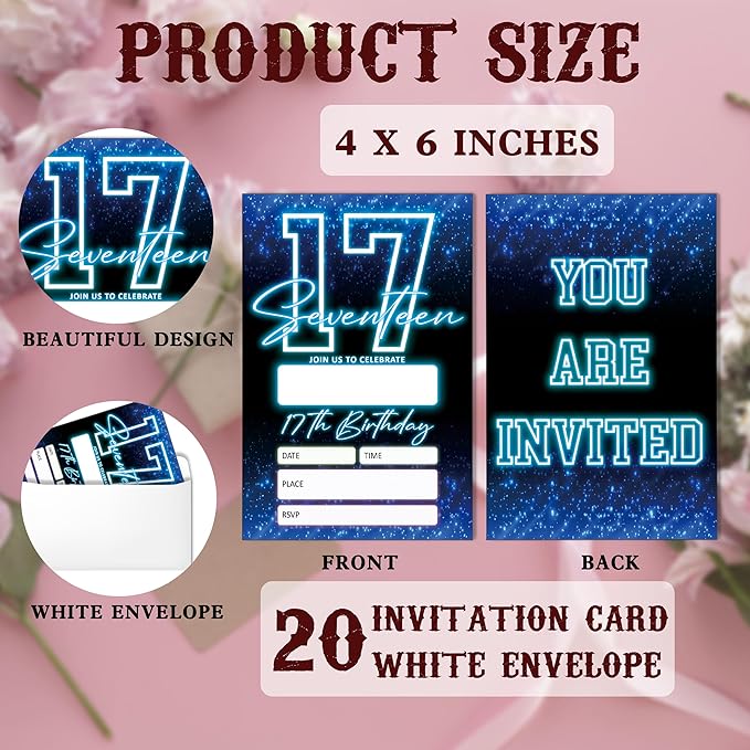 SIXEIGHT Blue 17th Birthday Invitations for Boys, Neon Glow Party Invitations for Girls Kids, 20 Pack Double Sided Invite Cards with Envelopes, 17th Glow Neon Birthday Party Decorations, 4x6 Inch-C50
