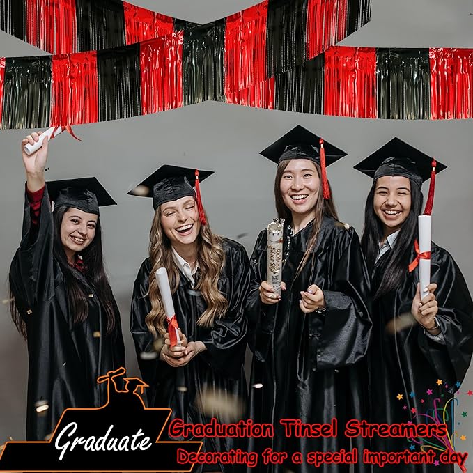 4 Packs Total 39 Feet Parade Floats for Trailer Car, Black Red Foil Fringe Garland Tinsel Streamers Banner Table Skirts for Graduation Homecoming Wedding Birthday Party Decor