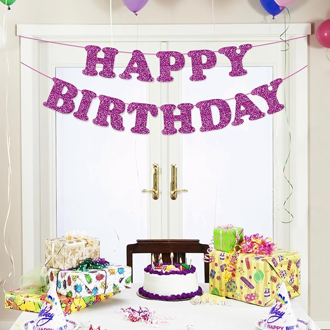 Glitter Purple Happy Birthday Banner Birthday Party Decorations Sign Garland Bunting Banner for Wall Decor Party Background for Kids Boys Girls Adults