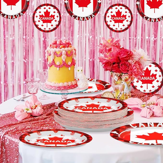 Grencian 96Pcs Canadian Flag Party Supplies Canada Day Party Plates and Napkins Red White Maple Leaves Tableware Sets Canada Birthay Decorations Favors for Anniversary Family Gathering Serves 24