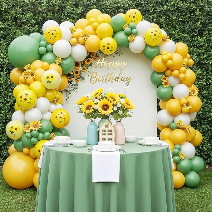 Sunflower Balloon Arch Kit, Yellow Sage Green White Party Balloons Garland with Sunflower Print Balloons for Kids Birthday Baby Shower Sunshine Sunflower Bee Themed Wedding Party Decor