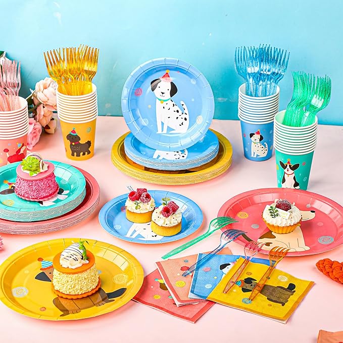 Havawish 240 Pcs Pet Dog Birthday Party Supplies Retro Puppy Themed Paper Plates Napkins Cups Vintage Puppy Face Party Tableware Disposable Pet Dinnerware for Birthday Baby Shower Table Decor