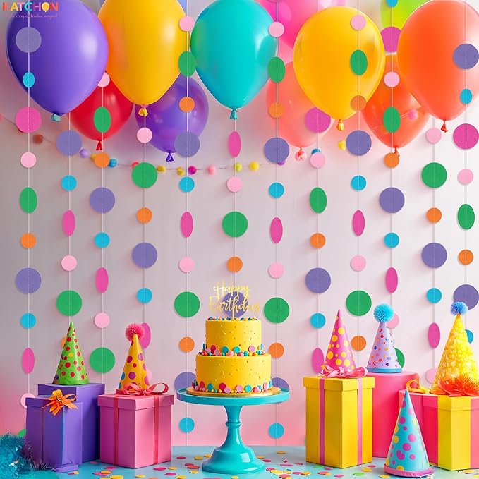 KatchOn, Circle Dots Paper Garland - 65 Feet, Pack of 5 | Colorful Rainbow Garland for Rainbow Birthday Decorations | Multicolor Hanging Decorations for Classroom Decor, Baby Shower, Unicor Birthday
