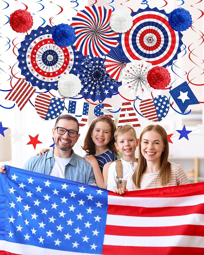 26 Pcs 4th of July Decorations Outdoor, Patriotic Decorations LOVE USA Banner Red White Blue Paper Fans Hanging Swirls Pompoms Independence Day Decor for Veterans, Memorial, Fourth of July