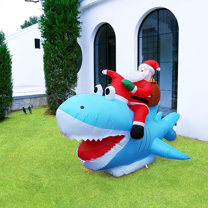 JOYHALO Christmas Inflatables Santa, 8.8 FT L Santa Riding Shark Inflatable, 5.3FT H Outdoor Christmas Blow Ups, Christmas Yard Decorations Outdoor Indoor Garden Lawn Xmas Decor