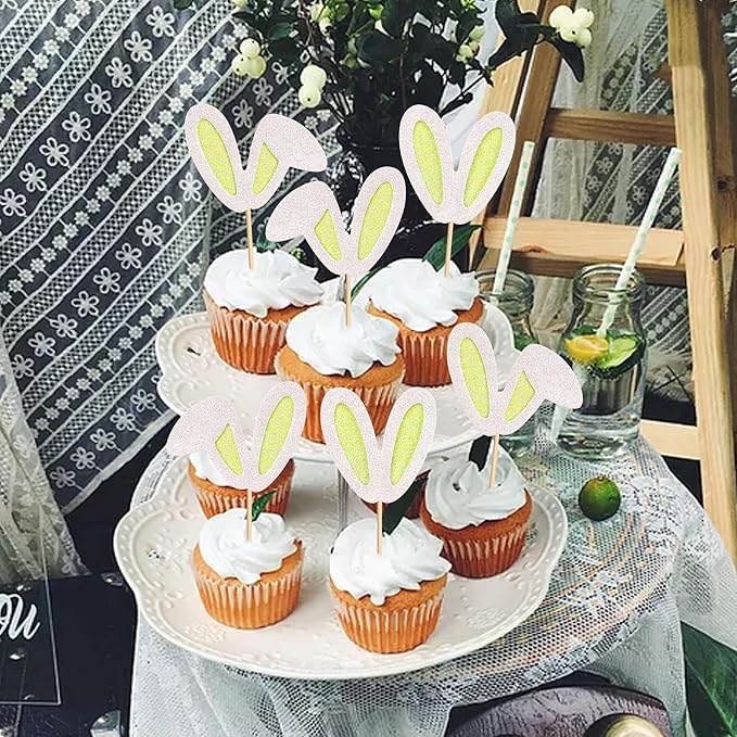 Ercadio 24Pcs Easter Bunny Ear Cupcake Toppers Glitter Yellow Rabbit Ears Cupcake Picks Easter Bunny Cupcake Decors for Rabbit Baby Gender Reveal Kids Birthday Baby Shower Party Supplies