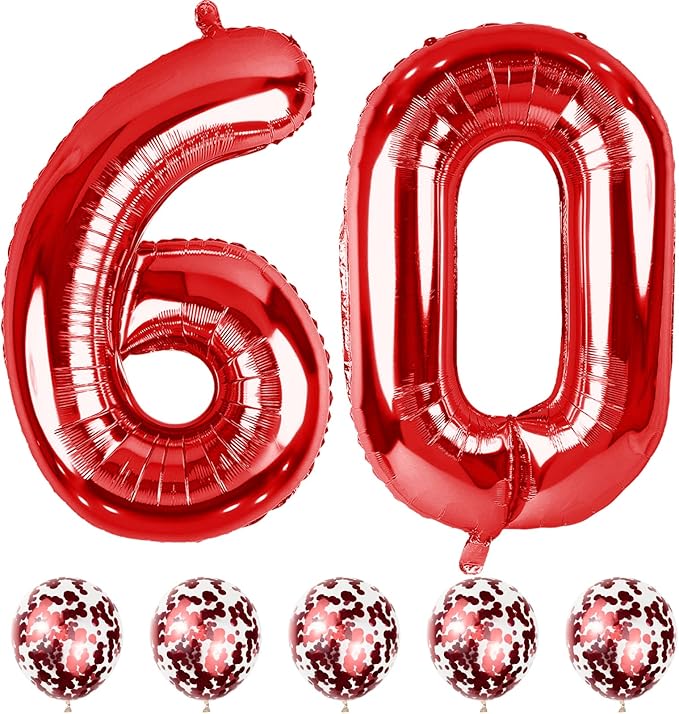 Red 60 Balloon Numbers and Confetti Balloons, 40" Number 6 and 0 Mylar Foil Balloons Self Inflating, 60th Birthday Balloons Set for Men Women Birthday 6th Anniversary Party Decorations Supplies