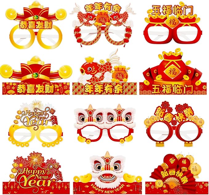YVAINE 24pcs Chinese New Year Photo Props Party Supplies, 2026 Lunar New Year Crown Hats and Paper Eyeglasses for Year of The Horse 2026 Spring Festival Party Supplies