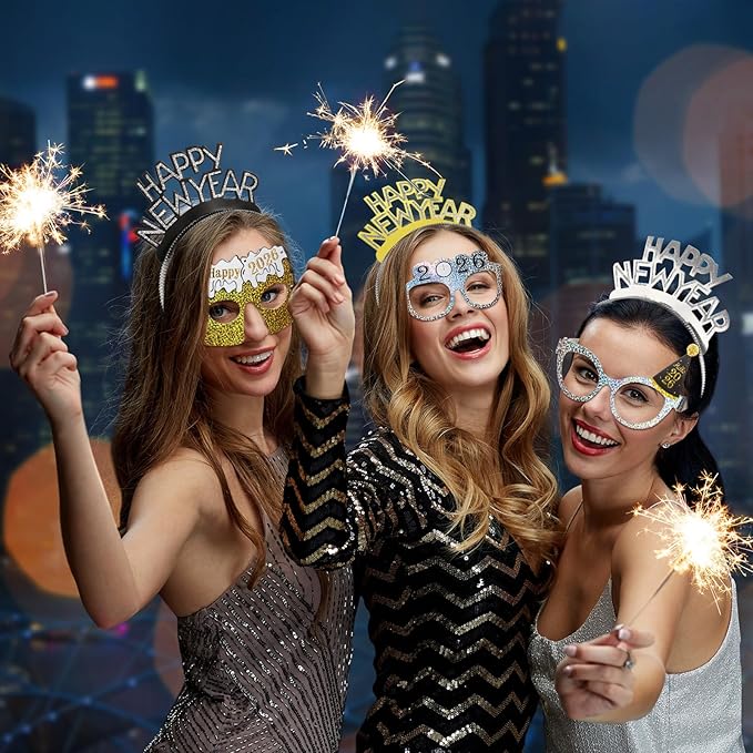 108 Pcs New Years Eve Party Supplies 2026 Fancy New Year Glasses Gold Noise Maker Headband NewYear Celebration Black Silver and Gold Party Favor for Happy NewYear Gift Accessories Decoration