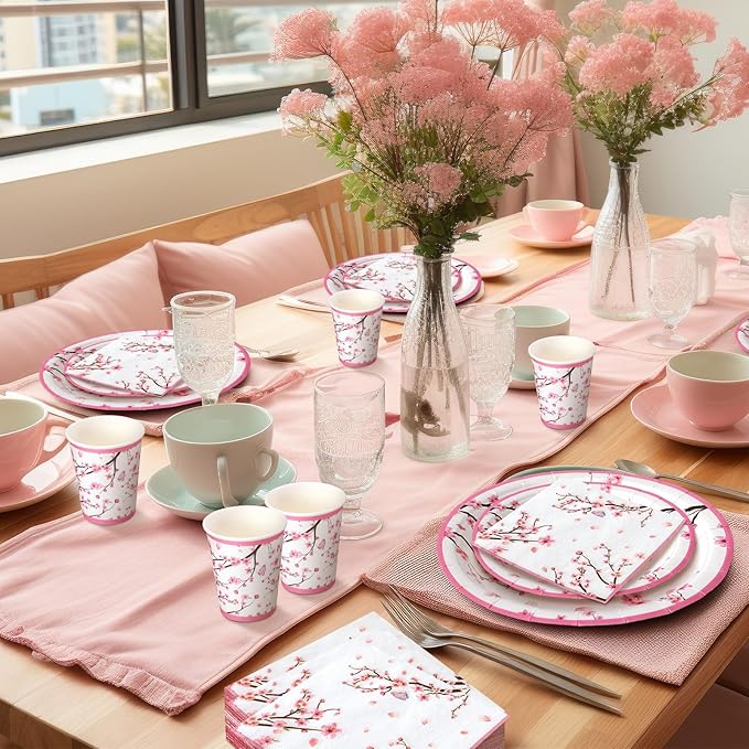 Hsei 250 Pcs Cherry Blossom Plates and Napkins Party Decorations Disposable Tableware Sets Baby Shower Birthday Supplies Serves 50 Guests Dinnerware Bridal Baby Shower Party Favors