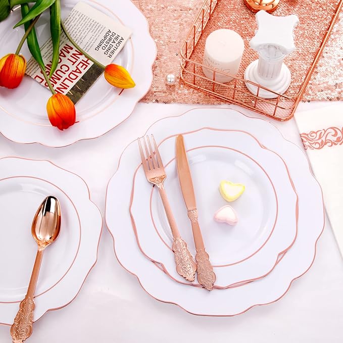 NOCCUR 175PCS Rose Gold Plastic Plates with Disposable Silverware - Include 25Dinner Plates, 25Dessert Plates, 25Forks, 25Knives, 25Spoons, 25Cups, 25Napkins for Party/Easter Day