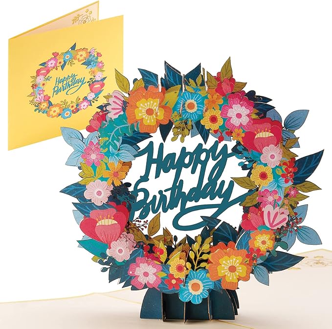 Wreath Flowers Pop Up Card – 6x12 Inch Happy Birthday Stunning 3D Paper Popup Cards to Make Special Day More Unique | Pop Up Flower Card for Kids & Adults