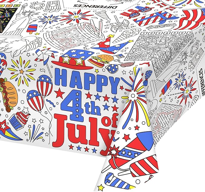 Gatherfun 4th of July Patriotic Party Supplies Color-in Disposable Paper Tablecloth | 54x88 in Independence Day Party Decorations Set for American Flag-Themed, School & Special Events
