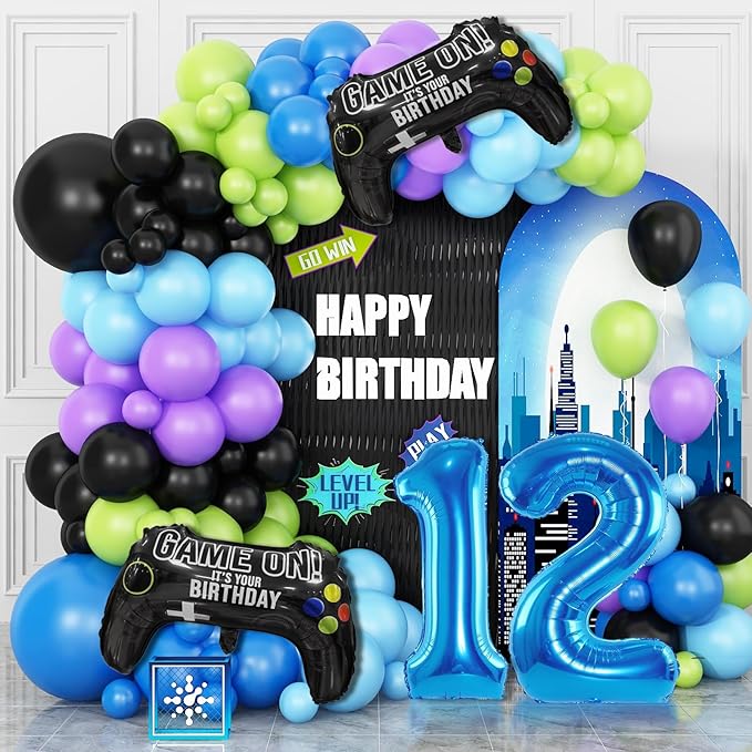 12th Birthday Video Game Balloons Arch, 12th Game Party Balloons Garland Kit 12th Birthday Supplies with Blue Number 12 Foil Balloons for 12 Year Old Teens Boys Birthday Decor