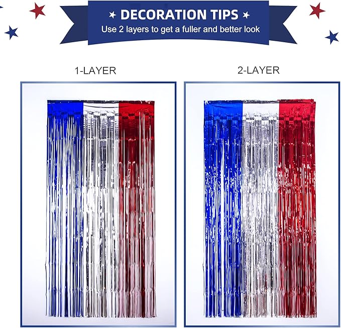 LOLStar 4th of July Decorations, 5Pack Red White Blue Labor Day Party Decorations Tinsel Foil Fringe Curtains, Photo Booth Prop Streamer Backdrop for Patriotic Olympics Election Vote Veterans Day