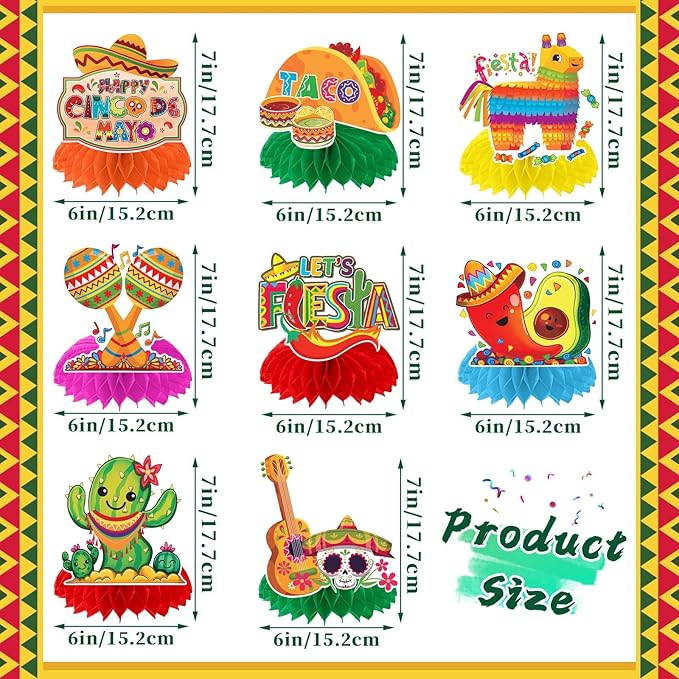 JULMELON 8PCS Cinco De Mayo Party Decorations, Mexican Fiesta Table Decorations Honeycomb Centerpiece for Mexican Theme Taco Party Birthday Supplies Fiesta Taco Bar Party Decor
