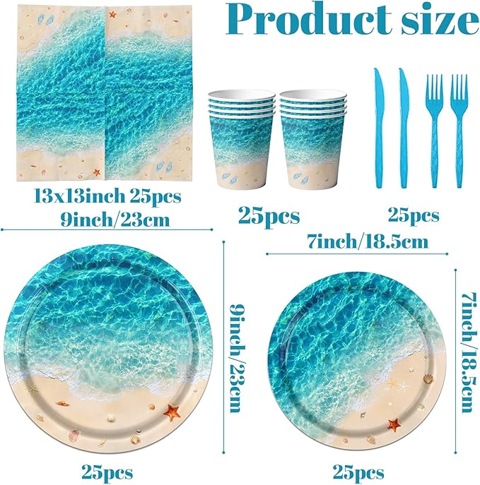 Beach Party Supplies, 144Pcs Ocean Waves Birthday Party Supplies Tableware Set Summer Pool party Decorations Ocean Plates and Napkins and Cups for Hawaiian Birthday Decorations