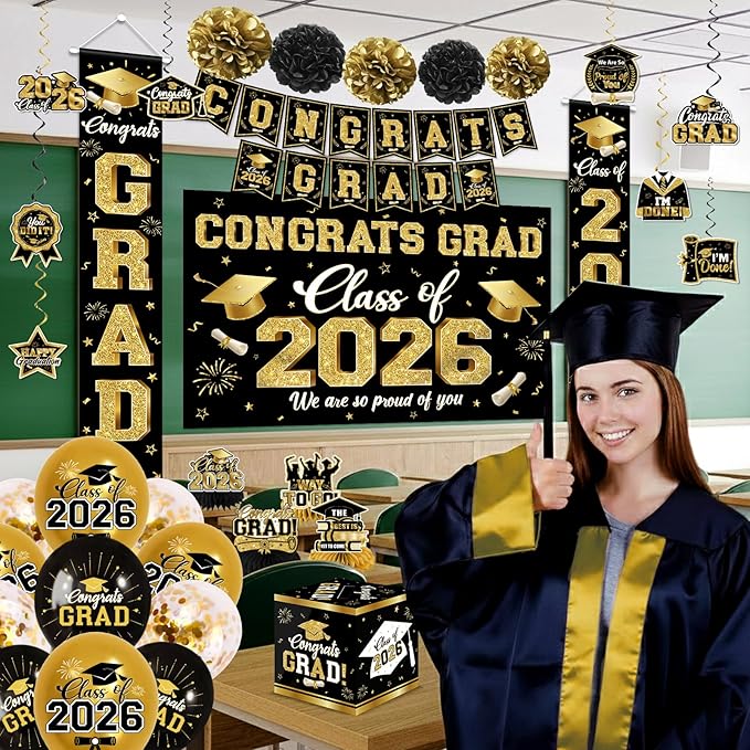 2026 Graduation Decorations - Black Gold Congrats Grad Party Supplies include Card Box, Backdrop, Banner and Balloons for Class of 2026 Decorations Set