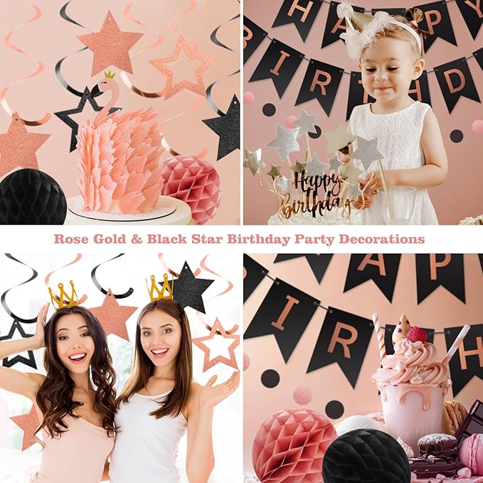 meowtastic Birthday Decorations, Happy Birthday Banner with Honeycomb Balls, Star Hanging Swirl Streamers, Circle Dot Garland, Happy Birthday Party Decoration for Women Men Boy Girls (Rose Gold&Black)
