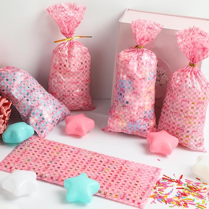 Docvania Cello Cellophane Treat Gift Bags Pink bow Cookie Bags 100 pcs 5 X 11 Goodie Bag with Ties for Mother's Day, Valentine's Day and Parties, Weddings