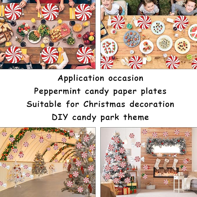 Wiooffen 48 Pcs Christmas Peppermint Candy Paper Plates Candy Mint Happy New Year Party Supplies 7" Bundle Christmas Holiday Festive Plate