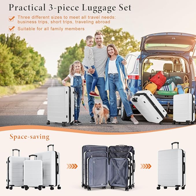 Sweetcrispy Carry on Suitcase, Luggage with Spinner Wheels, Hard Shell ABS, TSA Lock, White, 3-PCS Set (20/24/28 inch)