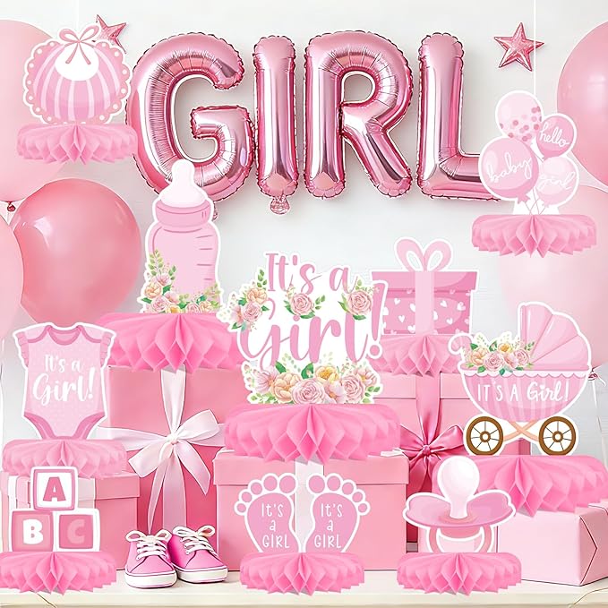 Girl Baby Shower Decorations Set - Kit with Pink Honeycomb Centerpiece, Baby Reveal & Themed Table Decor for the Baby Girl Shower Decorations