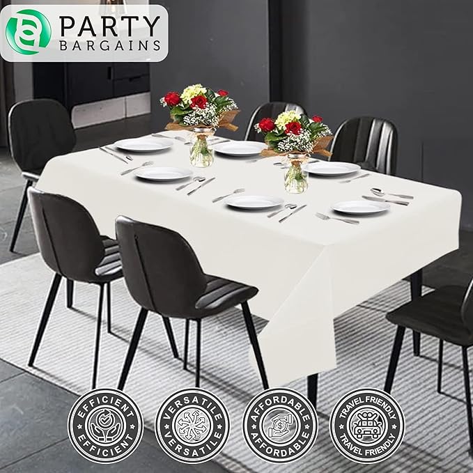 PARTY BARGAINS Disposable Table Covers, 54 x 108 Inch, White, 3-Ply Paper & Plastic Spill-Resistant Party Tablecloths, 5 Pack