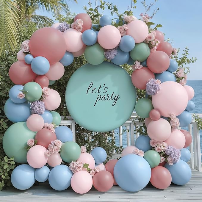 Pink Blue Green Balloons Garland Kit, Double Stuffed Dusty Green Light Blue Blush Dusty Pink Mauve Pastel Balloon Arch Kit for Birthday Gender Reveal Fairy Floral Easter Party Decor