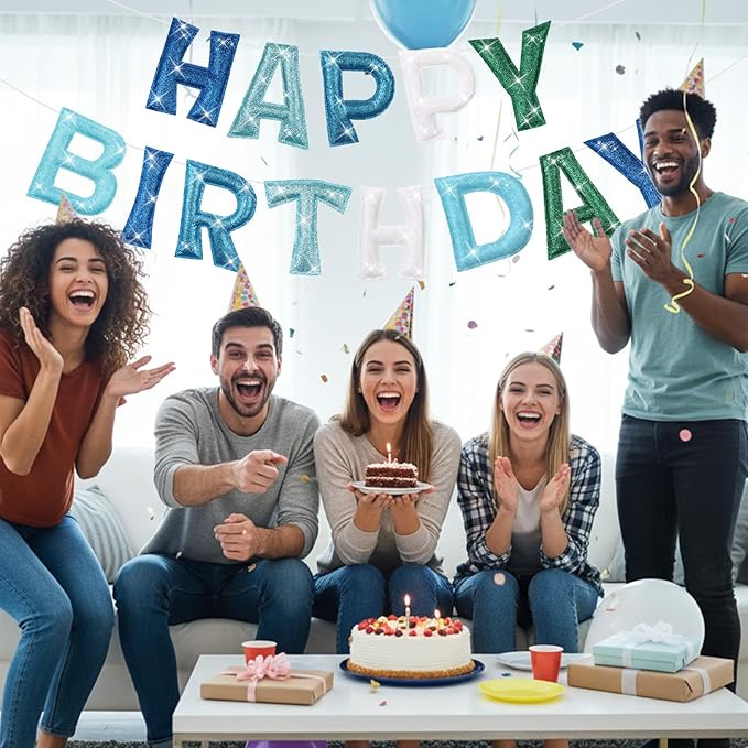 Tegeme Felt Happy Birthday Banner, Teal Glitter Turquoise Happy Birthday Garland Reusable Colorful Rainbow Decoration for Woman, Man Party Photo Prop