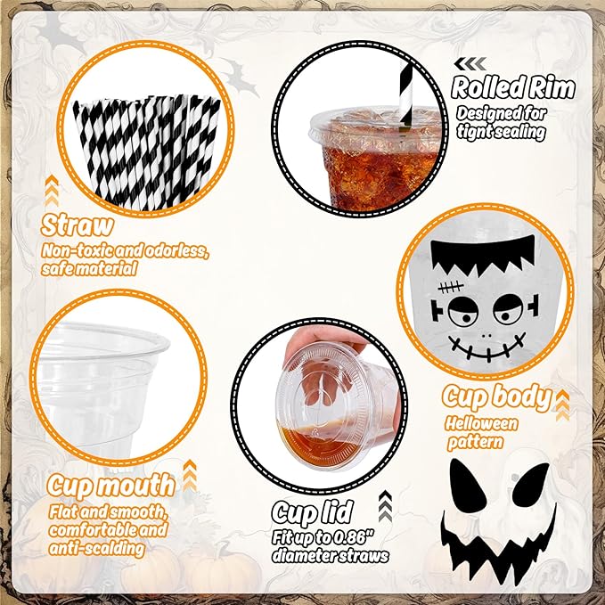 Whaline 60Pcs Halloween Disposable Plastic Cups with Lids and Straws 12oz Vampire Monster Ghost Pumpkin Cold Beverage Drinking Cups for Birthday Party Favors