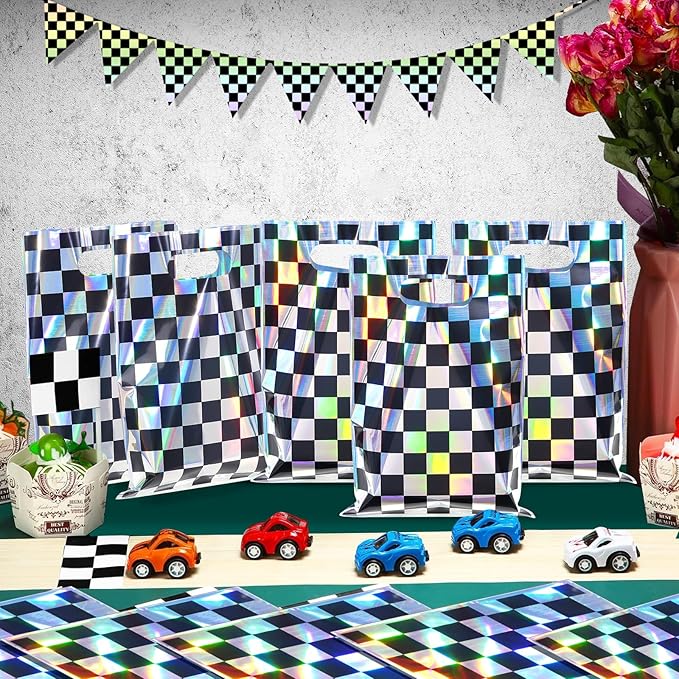 FunnyPars 30 Pcs Iridescent Checkered Race Car Party Favor Bags, Plastic Black and Iridescent Car Goodie Treat Bags, Racecar Laser Plaid Gift Bags for Kids Fast Race Car Birthday Party Decorations