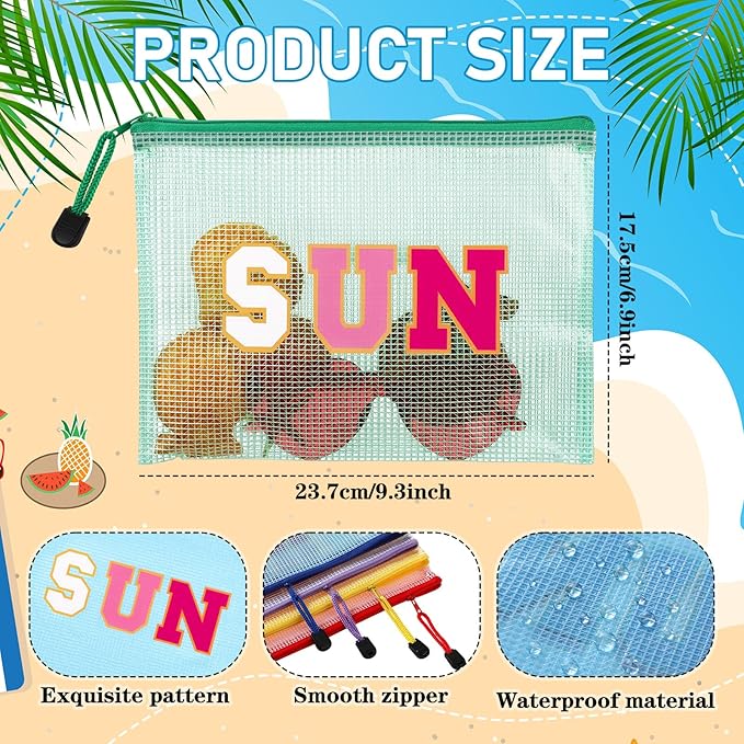 Kacctyen 12 Pcs Sunscreen Bag Clear Makeup Bag Beach Vacation Essentials Summer Pool Waterproof Toiletry Pouch Portable Preppy Letter Mesh Zipper Organizer for Women Family Travel Gifts(Pink,Sun)