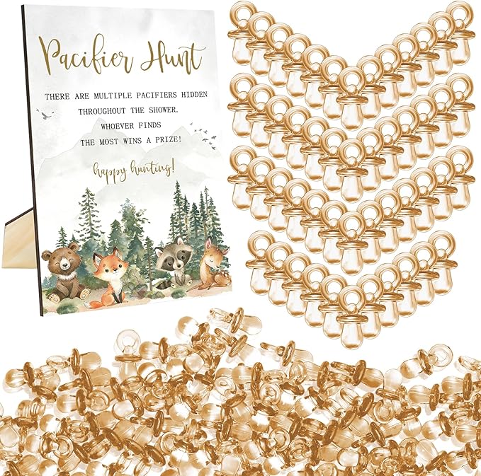 Whaline 51 Pcs Woodland Animals Pacifier Hunt Baby Shower Game Include Wooden Sign 50 Brown Plastic Pacifier for Gender Reveal Party Favor Gift Supplies